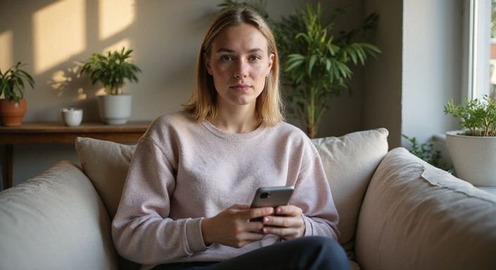 Een vrouw in een comfortabele woonkamer met een smartphone in de hand