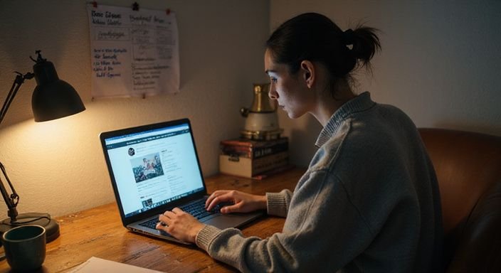 Een vrouw werkt geconcentreerd aan haar laptop in een eenvoudige kamer. Een vrouw werkt geconcentreerd aan haar laptop in een eenvoudige kamer en gaat geld verdienen met cammen