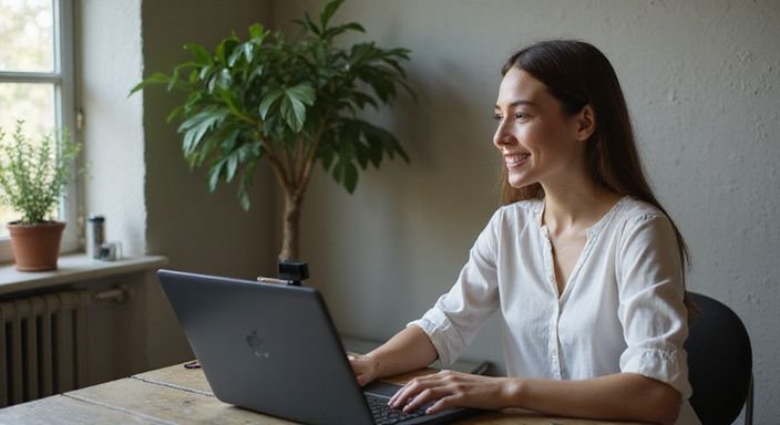 Een jonge vrouw zit aan een bureau en kijkt enthousiast. Een jonge vrouw zit aan een bureau en kijkt enthousiast naar geld verdienen met cammen