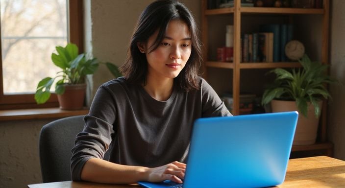 Een jonge vrouw werkt geconcentreerd aan haar laptop in een thuisbureau. Een jonge vrouw werkt geconcentreerd aan haar laptop in een thuisbureau