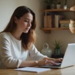 Een jonge vrouw werkt geconcentreerd aan haar laptop in een thuiskantoor en gaat geld verdienen met cammen