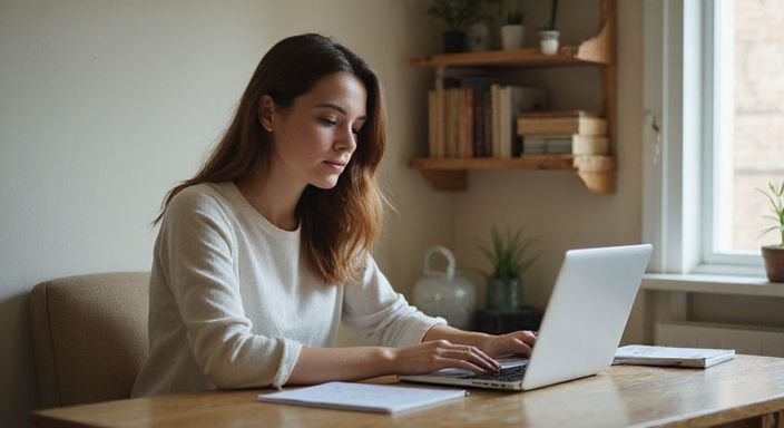 Een jonge vrouw werkt geconcentreerd aan haar laptop in een thuiskantoor. Een jonge vrouw werkt geconcentreerd aan haar laptop in een thuiskantoor en gaat geld verdienen met cammen