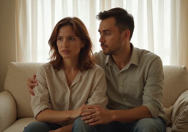 Een man en vrouw discussiëren op een comfortabele bank. Een man en vrouw discussiëren op een comfortabele bank