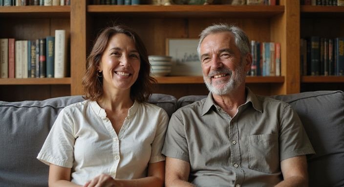 Een man en vrouw lachen samen op een comfortabele bank. Een man en vrouw lachen samen op een comfortabele bank