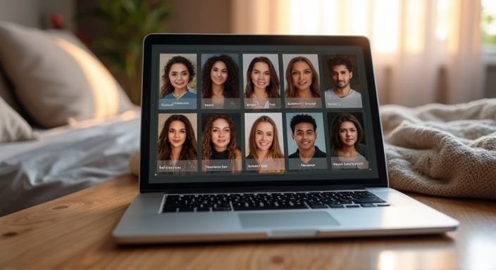 Een laptop toont online datingprofielen op een houten bureau. Een laptop toont online datingprofielen op een houten bureau
