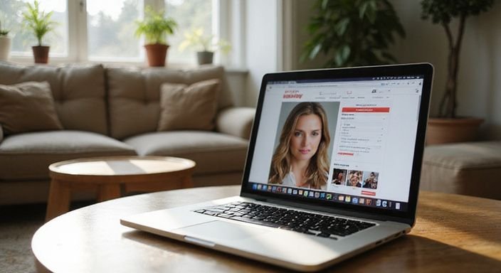 Laptop toont profiel op datingsite in gezellige woonkamer. Laptop toont profiel op datingsite in gezellige woonkamer