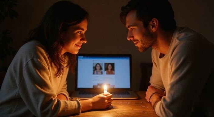 Een jonge vrouw en man genieten van elkaar aan een houten tafel. Een jonge vrouw en man genieten van elkaar aan een houten tafel
