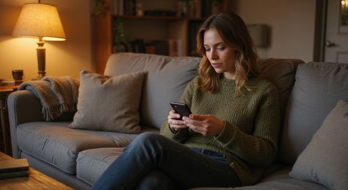 Vrouw scrollt geconcentreerd op smartphone op een comfortabele bank. Vrouw scrollt geconcentreerd op smartphone op een comfortabele bank