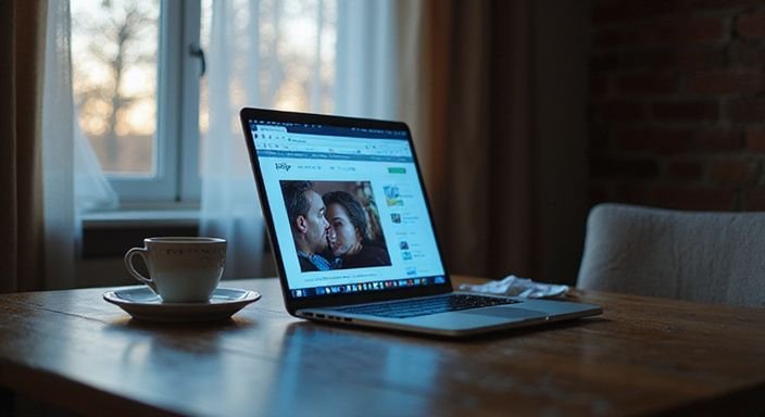 Een laptop met datingwebsites op een houten bureau. Een laptop met datingwebsites op een houten bureau