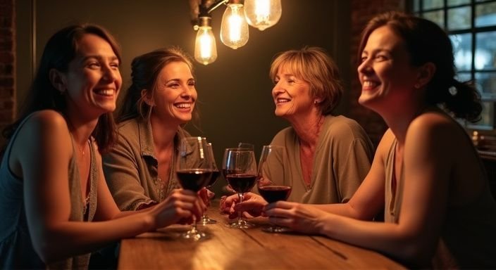 Vijf vrouwen in een bar genieten van hun tijd samen. Rijpe vrouwen willen een sexdate in een bar en genieten van hun tijd samen