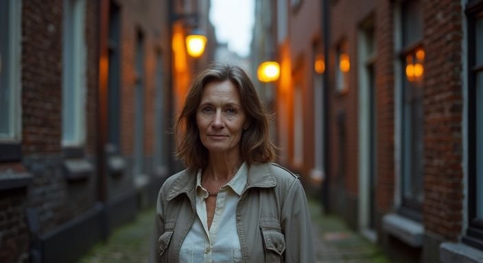 Een volwassen vrouw staat in een smalle straat in Amsterdam. Een volwassen vrouw staat in een smalle straat in Amsterdam