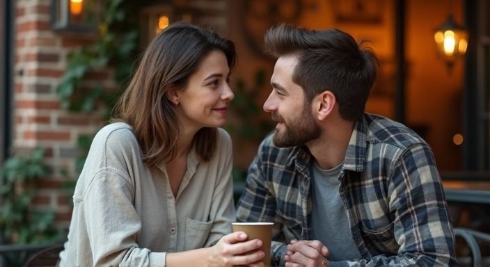 Een man en vrouw delen een intiem moment buiten een café. Een man en vrouw delen een intiem moment buiten een café