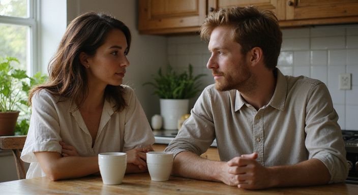 Een vrouw en man delen een intiem gesprek aan tafel. Een vrouw en man delen een intiem gesprek aan tafel