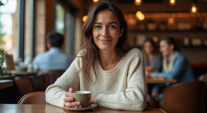 Een vrouw geniet van koffie in een druk café. Een vrouw geniet van koffie in een druk café