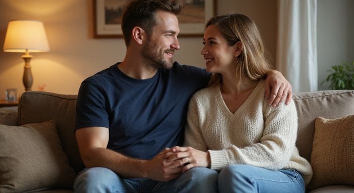 Een man en vrouw zitten samen op een comfortabele bank. Een man en vrouw zitten samen op een comfortabele bank