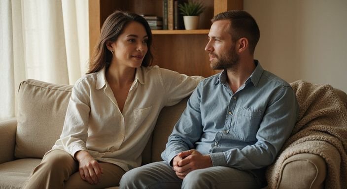 Een koppel zit ontspannen op een bank en voert een gesprek. Een koppel zit ontspannen op een bank en voert een gesprek