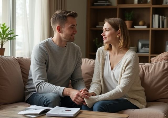 Een stel in gesprek in een gezellige woonkamer. Een stel in gesprek in een gezellige woonkamer