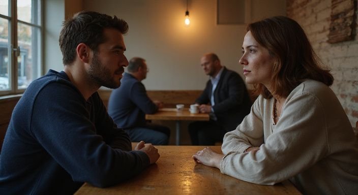 Een man en vrouw delen een intiem moment in een café. Een man en vrouw delen een intiem moment in een café