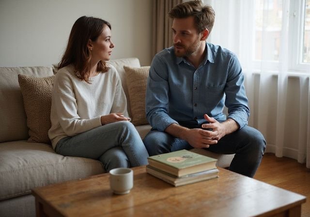 Een man en vrouw zitten op een bank en hebben een gesprek. Een man en vrouw zitten op een bank en hebben een gesprek