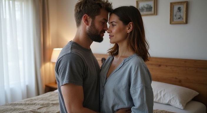 Een man en vrouw staan dicht bij elkaar in een slaapkamer. Een man en vrouw staan dicht bij elkaar in een slaapkamer