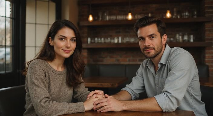 Twee mensen delen een intiem moment aan een houten tafel. Twee mensen delen een intiem moment aan een houten tafel