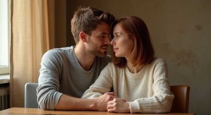 Een man en vrouw zitten intiem en vertrouwelijk aan tafel
