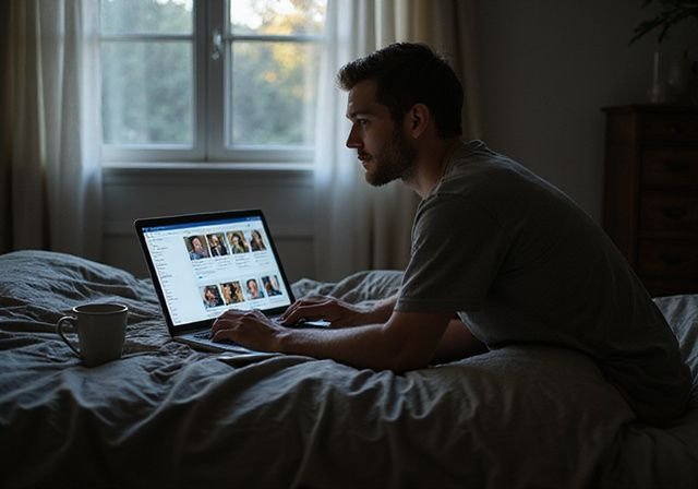 Een persoon zit op bed met een open laptop en aantekeningen. Een persoon zit op bed met een open laptop en aantekeningen