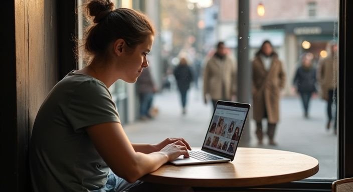 Een persoon typet in een café op een datingwebsite. Een persoon typet in een café op een datingwebsite.