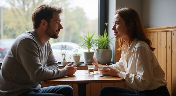 Een man en vrouw genieten van een ontspannen gesprek in een café. Een man en vrouw genieten van erotisch contact in Flevoland in een café.