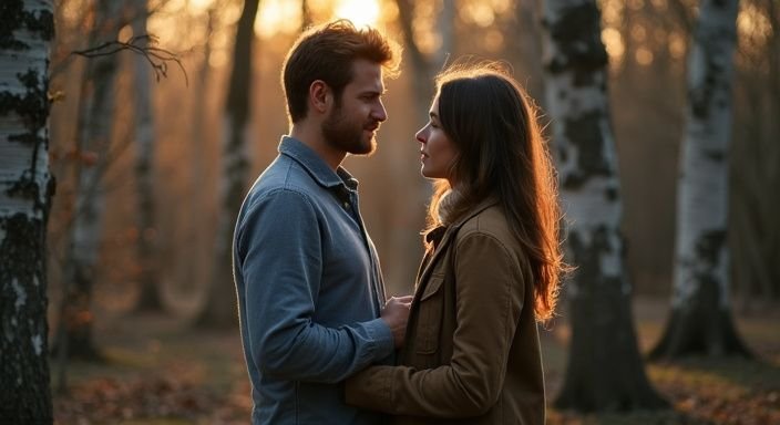 Een man en vrouw delen een intieme conversatie in een bos. Een man en vrouw delen een intieme conversatie in een bos.