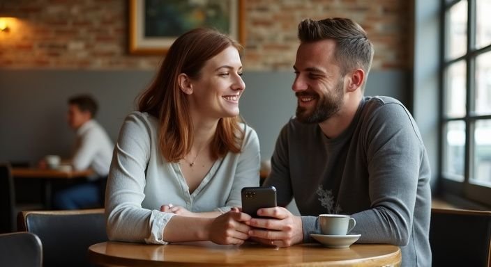 Een man en vrouw genieten van een intiem gesprek in een café. Een man en vrouw genieten van erotisch contact in Flevoland in een café.