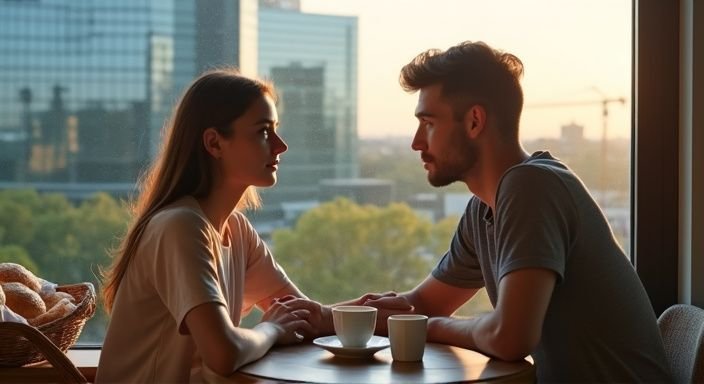 Een jong stel deelt een intiem gesprek aan een café tafeltje. Een jong stel deelt een intiem gesprek aan een café tafeltje.