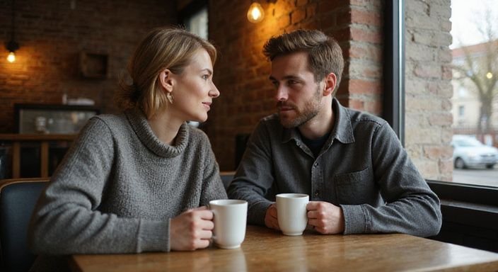 Een man en vrouw delen een intieme conversatie in een café. Een man en vrouw delen een intieme conversatie in een café.