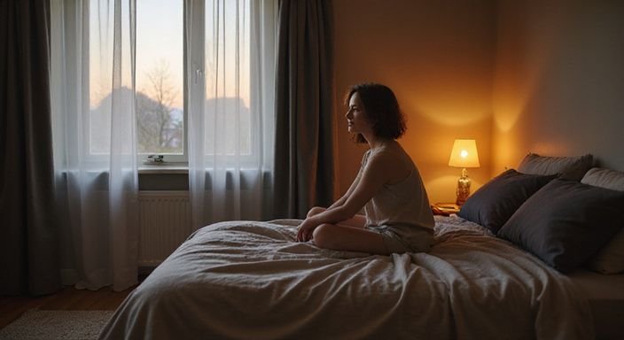 Een persoon zit contemplatief op de rand van een bed. Een persoon zit contemplatief op de rand van een bed.
