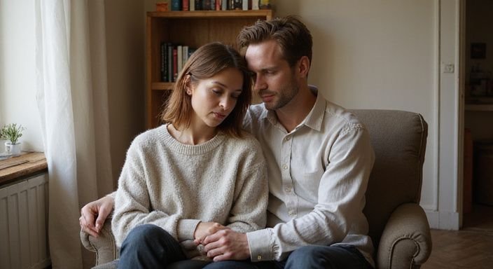 Een man en vrouw zitten knus samen in een warme kamer. Een man en vrouw zitten knus samen in een warme kamer.
