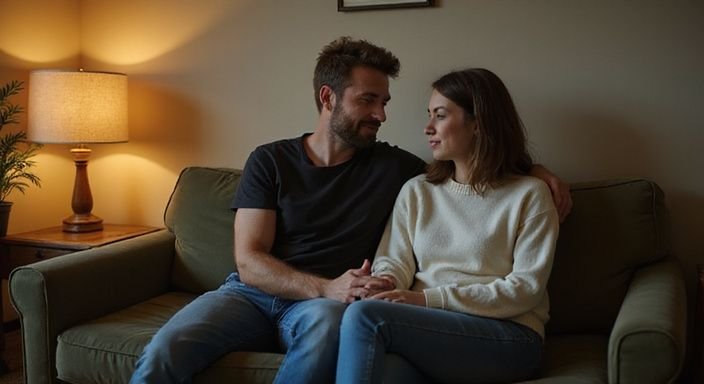 Een stel zit samen op een comfortabele bank, genietend van elkaars gezelschap. Een stel zit samen op een comfortabele bank, genietend van elkaars gezelschap.