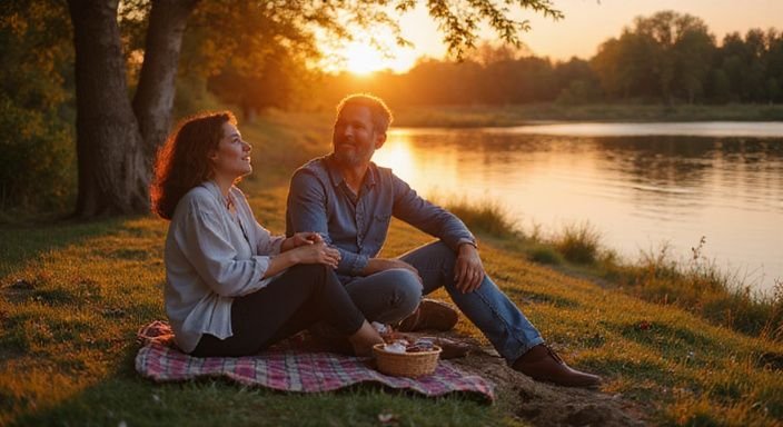 Een ouder stel geniet van een intieme picknick aan de rivier. Een ouder stel geniet van een intieme picknick aan de rivier.