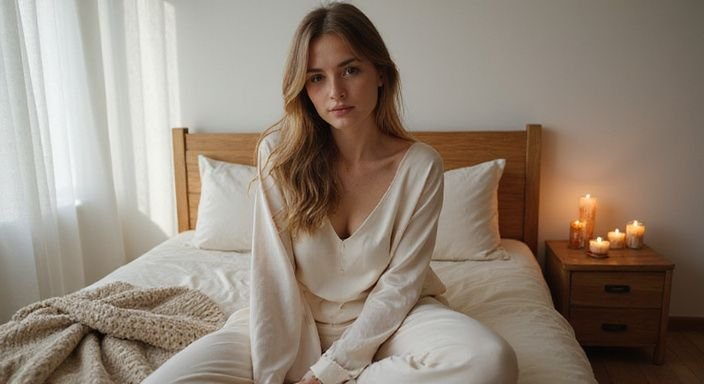 Een ontspannen vrouw zit op een bed met zijden lakens. Een ontspannen vrouw zit op een bed met zijden lakens en wil erotisch contact in Gelderland.