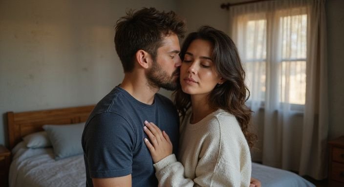 Een man en vrouw omarmen elkaar liefdevol in hun slaapkamer. Een man en vrouw omarmen elkaar liefdevol in hun slaapkamer.