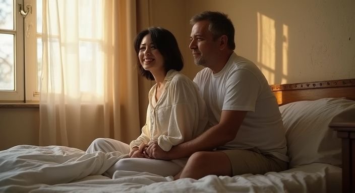 Een man en vrouw zitten samen op een bed in een slaapkamer. Een man en vrouw zitten samen op een bed in een slaapkamer.