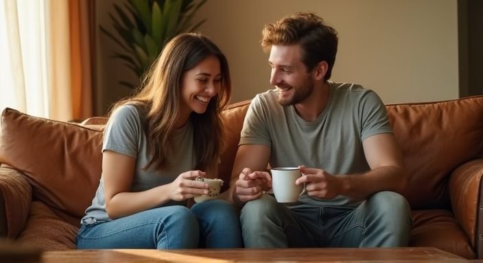Een man en vrouw lachen samen in een gezellige woonkamer. Een man en vrouw lachen samen in een gezellige woonkamer.