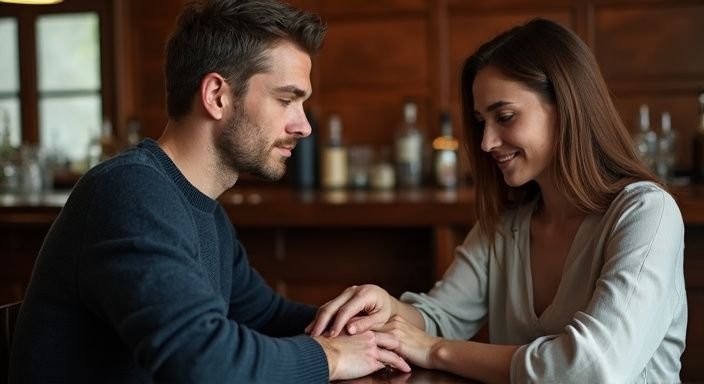 Een man en vrouw delen een intiem moment aan de bar. Een man en vrouw delen een intiem moment aan de bar tijdens hun erotisch contact in Noord-Brabant.
