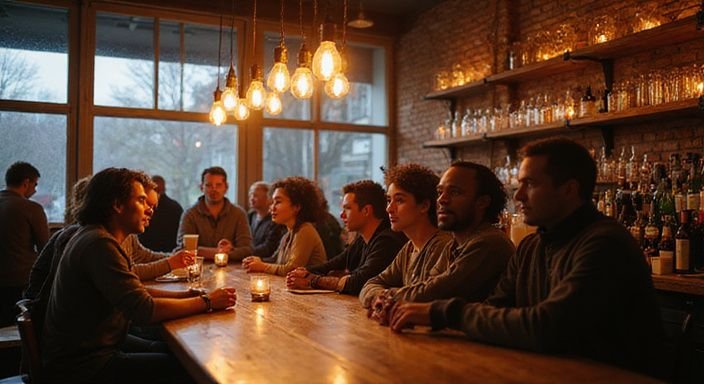 Een drukke bar in Eindhoven met ontspannen conversaties en diverse klanten. Een drukke bar in Eindhoven met ontspannen conversaties en diverse klanten.