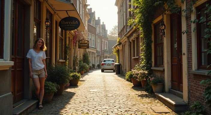 Een smal steegje met cafés en historische gebouwen in Noord-Brabant. Een smal steegje met cafés en historische gebouwen in Noord-Brabant.