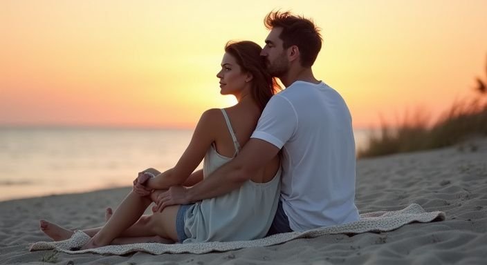 Een man en vrouw zitten samen op het strand bij zonsondergang. Een man en vrouw zitten samen op het strand bij zonsondergang en hebben erotisch contact in Noord-Holland.