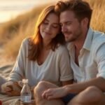 Een stel geniet van een intiem moment op een afgelegen strand