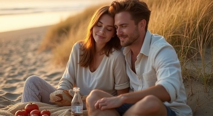 Een stel geniet van een intiem moment op een afgelegen strand. Een stel geniet van erotisch contact in Noord-Holland op een afgelegen strand.