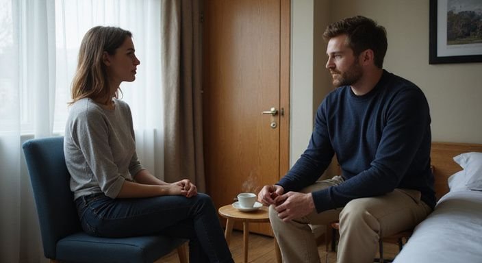 Een vrouw en een man hebben een intiem gesprek in een hotelkamer. Een vrouw en een man hebben een intiem gesprek in een hotelkamer.