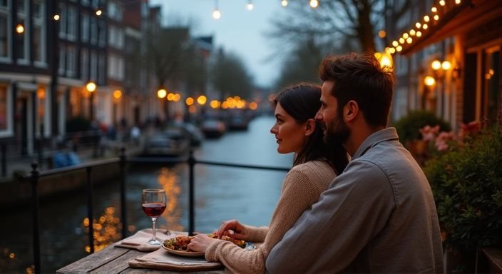 Een jong stel geniet van een intieme avond aan het kanaal. Een jong stel geniet van een intieme avond aan het kanaal.