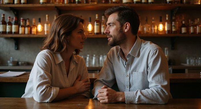 Een vrouw en man delen een intieme momenten aan de bar. Een vrouw en man delen een intieme momenten aan de bar.